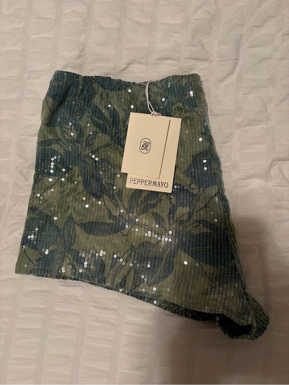 Peppermayo Olive Green Floral Sequin Mini Short